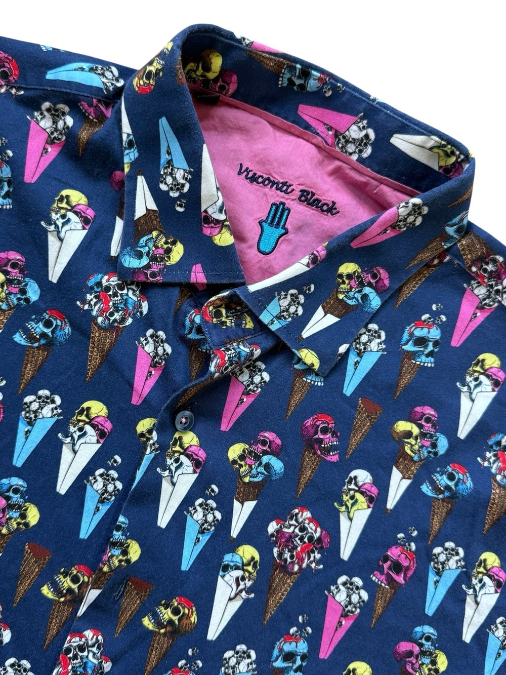 Visconti Men Black Skull Ice Cream Print Button Up Shirt XL Rockabilly Punk Goth